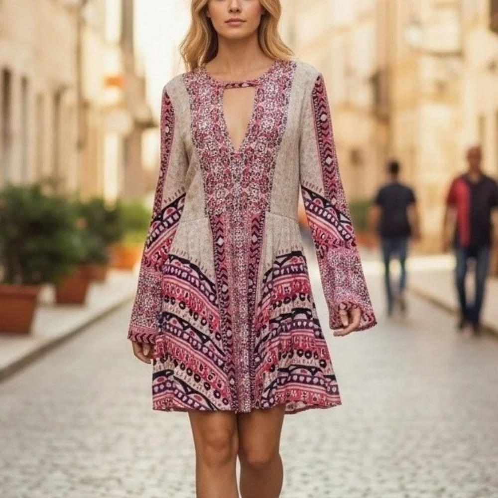 Free People Tegan Border Print‎ Mini Dress Boho Festival Indie Flowy 10